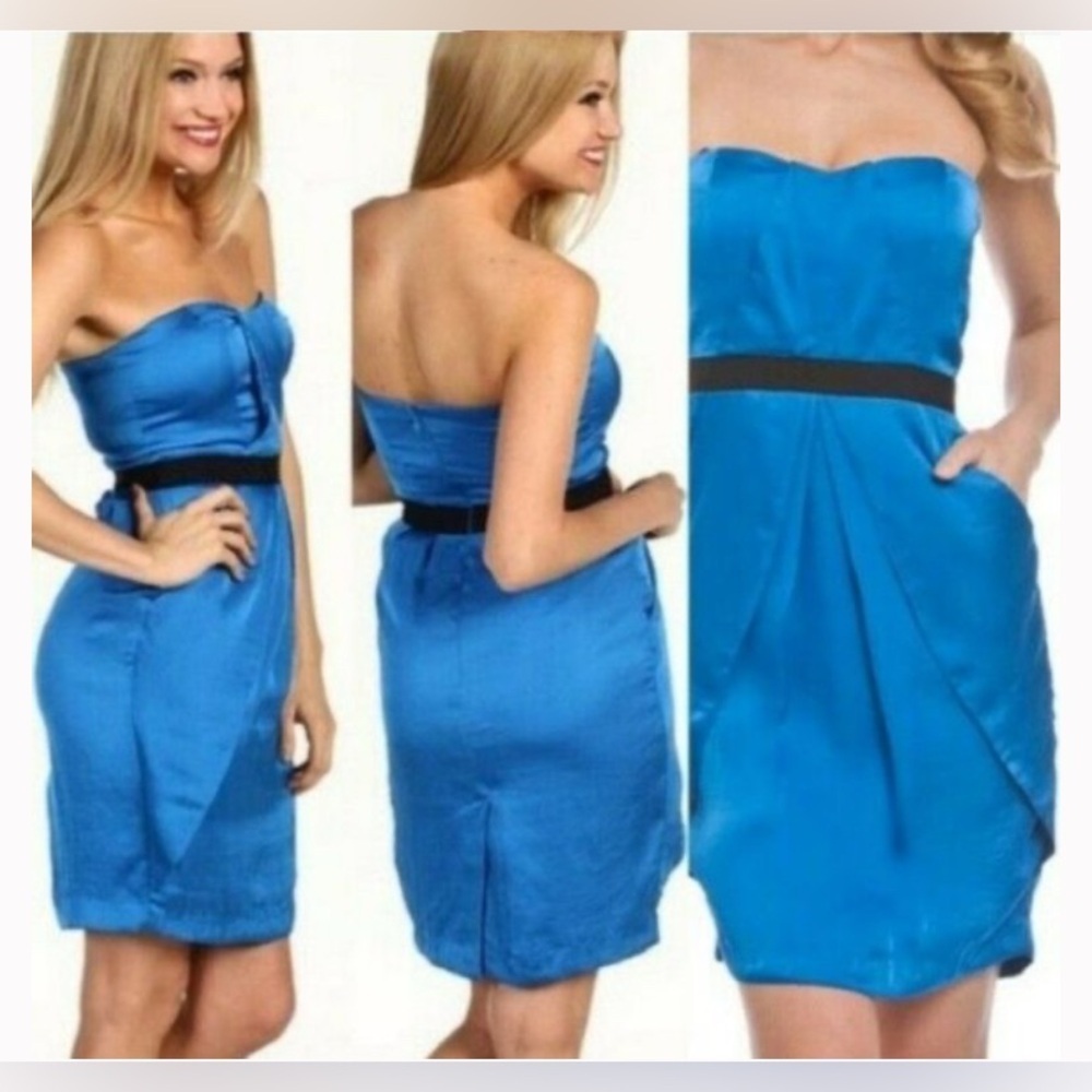 Vince Camuto Blue Satin Strapless Cocktail Dress Size 4 Party Wedding Guest